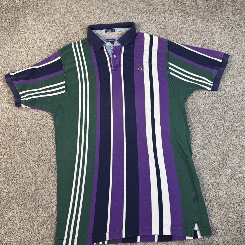 VTG Hathaway Polo Shirt Mens XL Green Purple Striped Short Sleeve 100% Cotton - Picture 2 of 8